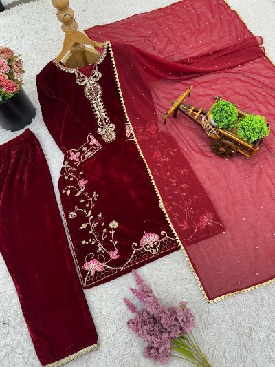 Maroon Velvet Sequence Embroidery Work Suit Set - BONYHUBSALWAR KAMEEZ