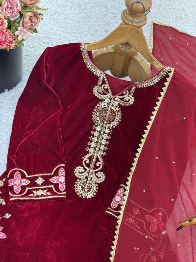 Maroon Velvet Sequence Embroidery Work Suit Set - BONYHUBSALWAR KAMEEZ