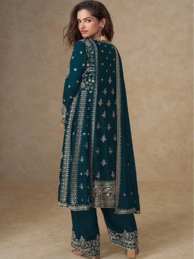 Teal Royal Chinon Embellished Embroidery Work Suit - BONYHUBSALWAR KAMEEZ