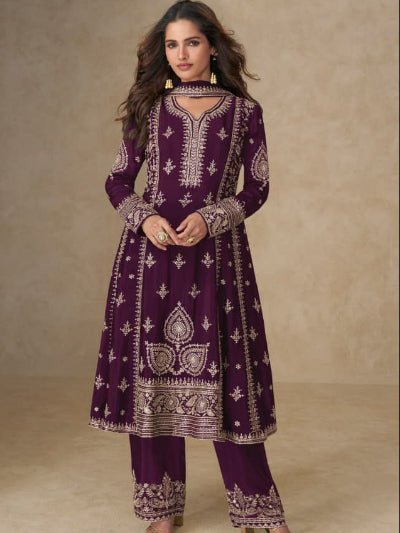 Burgandy Purple Royal Chinon Embroidery Work Suit - BONYHUBSALWAR KAMEEZ