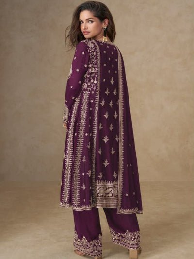 Burgandy Purple Royal Chinon Embroidery Work Suit - BONYHUBSALWAR KAMEEZ