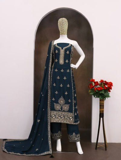 Teal Royal Chinon Embellished Embroidery Work Suit - BONYHUBSALWAR KAMEEZ