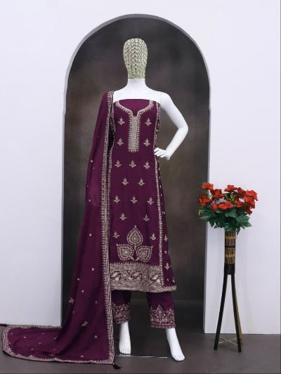Burgandy Purple Royal Chinon Embroidery Work Suit - BONYHUBSALWAR KAMEEZ