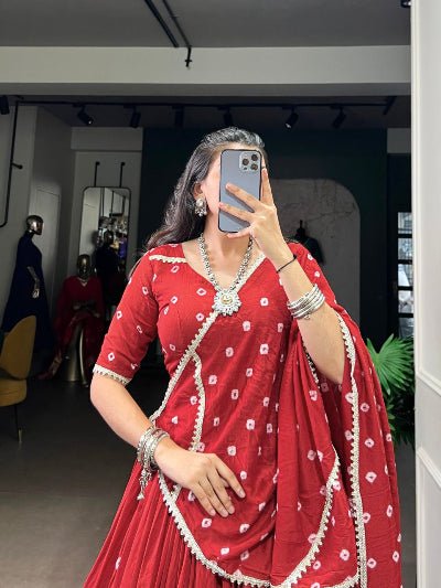 Red Pure Chanderi Bandhej Print Lehenga Choli - BONYHUBSALWAR KAMEEZ