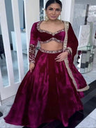 Burgandy Velvet Sequins Zari Work Lehenga Choli - BONYHUBSALWAR KAMEEZ