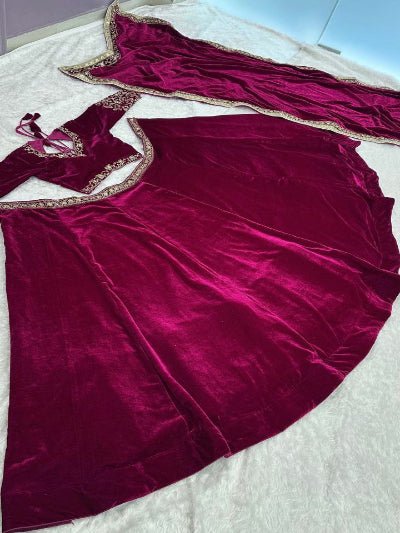 Burgandy Velvet Sequins Zari Work Lehenga Choli - BONYHUBSALWAR KAMEEZ