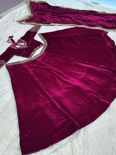 Burgandy Velvet Sequins Zari Work Lehenga Choli - BONYHUBSALWAR KAMEEZ