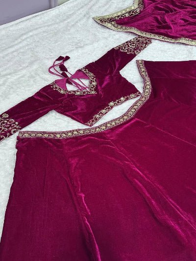Burgandy Velvet Sequins Zari Work Lehenga Choli - BONYHUBSALWAR KAMEEZ