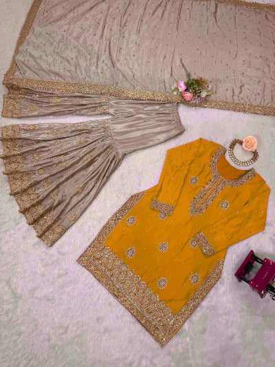 Festive Rich Gold Embroidery Sharara Suit Set