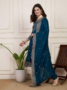 Teal Blue Chanderi Silk Elegant Embroidery Work Anarkali Suit - BONYHUBSALWAR KAMEEZ