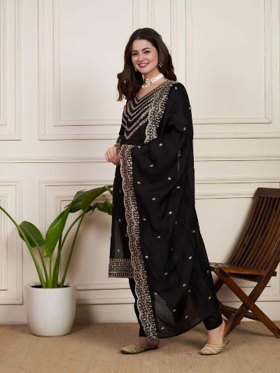 Black Chanderi Silk Elegant Embroidery Work Anarkali Suit - BONYHUBSALWAR KAMEEZ