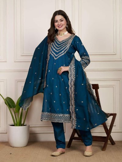 Teal Blue Chanderi Silk Elegant Embroidery Work Anarkali Suit - BONYHUBSALWAR KAMEEZ