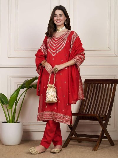 Red Chanderi Silk Elegant Embroidery Work Anarkali Suit - BONYHUBSALWAR KAMEEZ