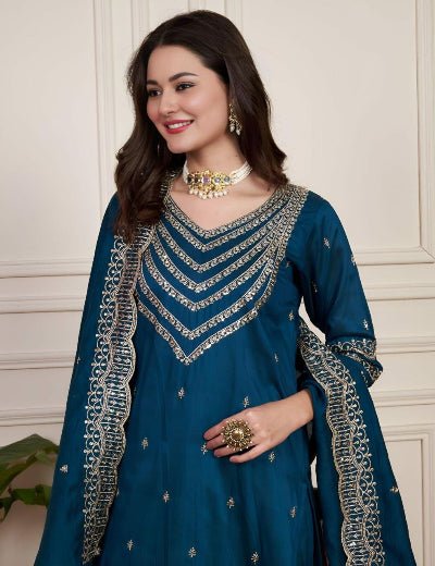 Teal Blue Chanderi Silk Elegant Embroidery Work Anarkali Suit - BONYHUBSALWAR KAMEEZ