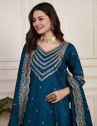 Teal Blue Chanderi Silk Elegant Embroidery Work Anarkali Suit - BONYHUBSALWAR KAMEEZ