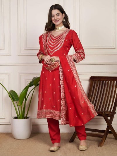 Red Chanderi Silk Elegant Embroidery Work Anarkali Suit - BONYHUBSALWAR KAMEEZ