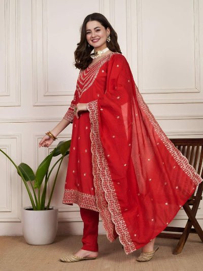 Red Chanderi Silk Elegant Embroidery Work Anarkali Suit - BONYHUBSALWAR KAMEEZ