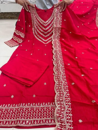Red Chanderi Silk Elegant Embroidery Work Anarkali Suit - BONYHUBSALWAR KAMEEZ