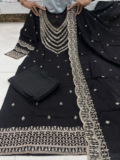 Black Chanderi Silk Elegant Embroidery Work Anarkali Suit - BONYHUBSALWAR KAMEEZ