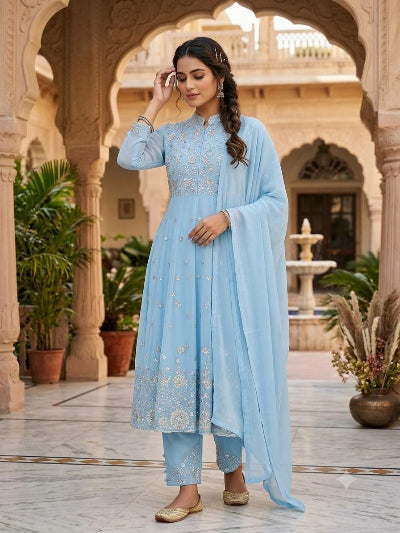 Powder Blue Georgette Sequins Embroidered Modest Anarkali Suit Set