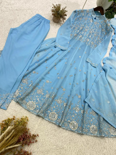 Powder Blue Georgette Sequins Embroidered Modest Anarkali Suit Set