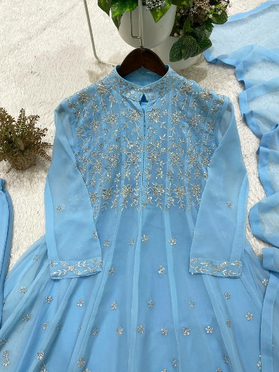 Powder Blue Georgette Sequins Embroidered Modest Anarkali Suit Set