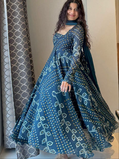 Teal Blue Georgette Bandhani Printed Anarkali Gown Set | Asian Ethnic Wear