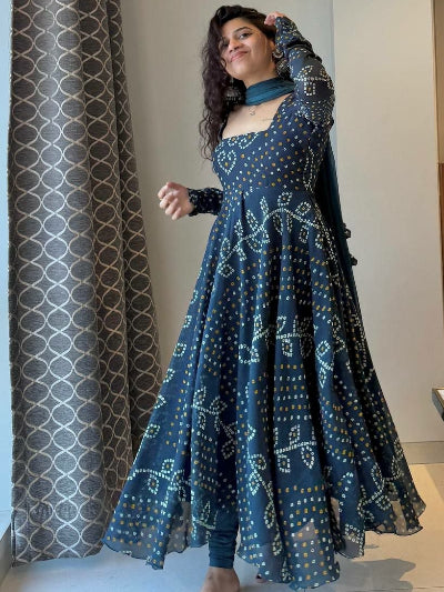 Teal Blue Georgette Bandhani Printed Anarkali Gown Set | Asian Ethnic Wear