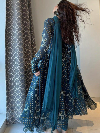 Teal Blue Georgette Bandhani Printed Anarkali Gown Set | Asian Ethnic Wear
