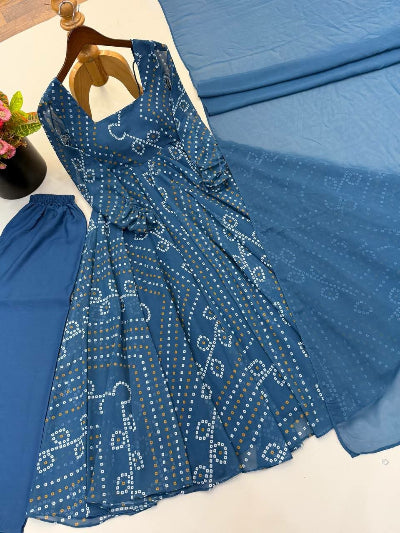 Teal Blue Georgette Bandhani Printed Anarkali Gown Set | Asian Ethnic Wear