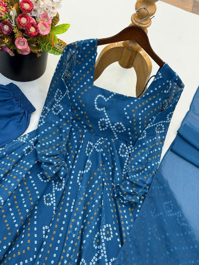Teal Blue Georgette Bandhani Printed Anarkali Gown Set | Asian Ethnic Wear