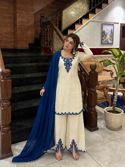 Cream Chinon Blue Embroidered Palazzo Suit | Asian Ethnic Wear