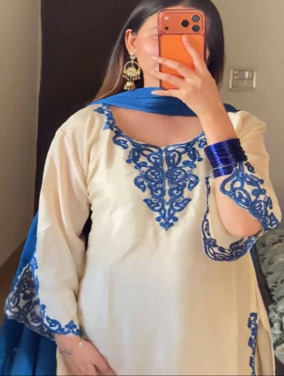 Cream Chinon Blue Embroidered Palazzo Suit | Asian Ethnic Wear