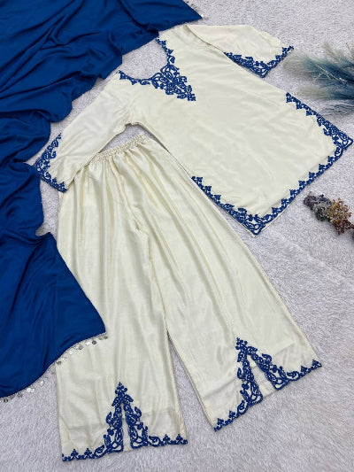 Cream Chinon Blue Embroidered Palazzo Suit | Asian Ethnic Wear