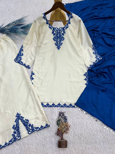 Cream Chinon Blue Embroidered Palazzo Suit | Asian Ethnic Wear