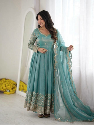Ice Blue  Embroidered Anarkali Gown Suit Set | Asian Ethnic Wear