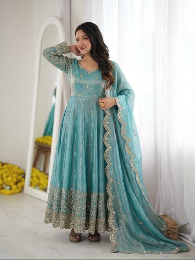 Ice Blue  Embroidered Anarkali Gown Suit Set | Asian Ethnic Wear