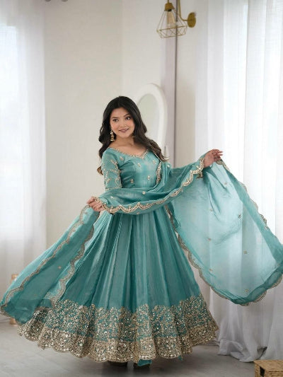 Ice Blue  Embroidered Anarkali Gown Suit Set | Asian Ethnic Wear
