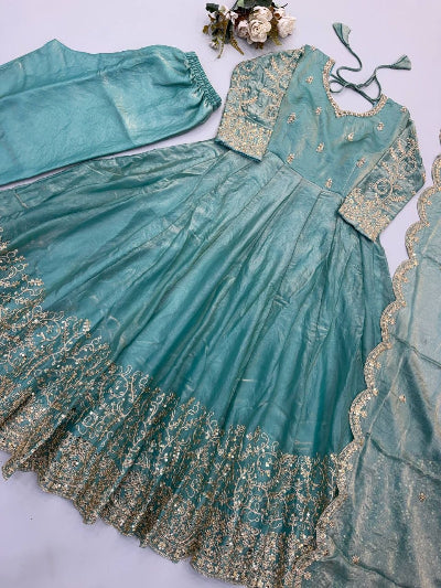 Ice Blue  Embroidered Anarkali Gown Suit Set | Asian Ethnic Wear