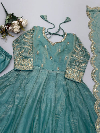 Ice Blue  Embroidered Anarkali Gown Suit Set | Asian Ethnic Wear
