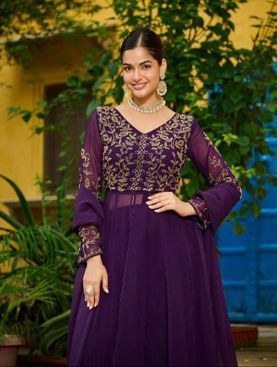 Purple Georgette Front Slit Embroidery Work Suit Set - BONYHUBSALWAR KAMEEZ