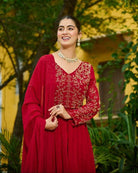 Red Georgette Front Slit Embroidery Work Suit Set - BONYHUBSALWAR KAMEEZ