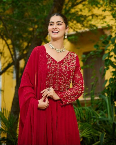 Red Georgette Front Slit Embroidery Work Suit Set - BONYHUBSALWAR KAMEEZ