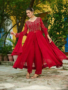 Red Georgette Front Slit Embroidery Work Suit Set - BONYHUBSALWAR KAMEEZ