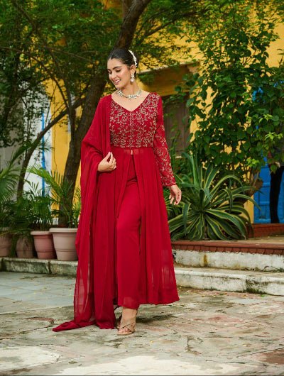 Red Georgette Front Slit Embroidery Work Suit Set - BONYHUBSALWAR KAMEEZ