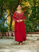 Red Georgette Front Slit Embroidery Work Suit Set - BONYHUBSALWAR KAMEEZ