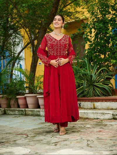 Red Georgette Front Slit Embroidery Work Suit Set - BONYHUBSALWAR KAMEEZ