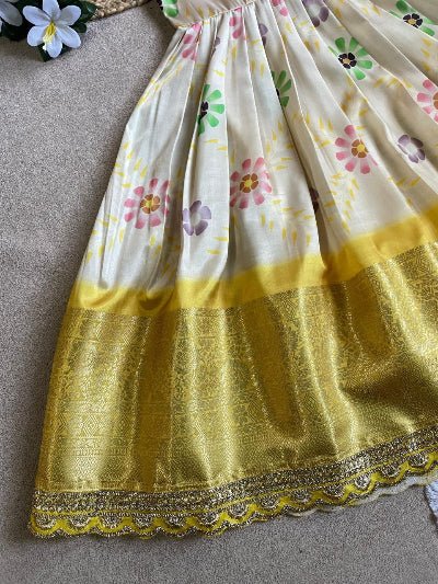 Kids Yellow Gold Pure Silk Gown With Koti - BONYHUBLehangas