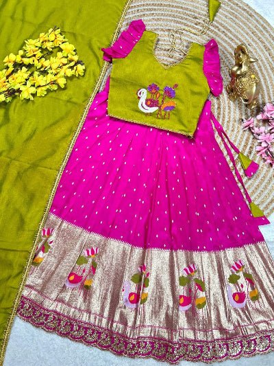 Kids Pink & Green Chinon Tissue Silk Thread Work Lehenga Choli - BONYHUBLehangas