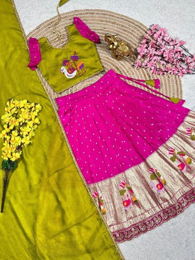 Kids Pink & Green Chinon Tissue Silk Thread Work Lehenga Choli - BONYHUBLehangas